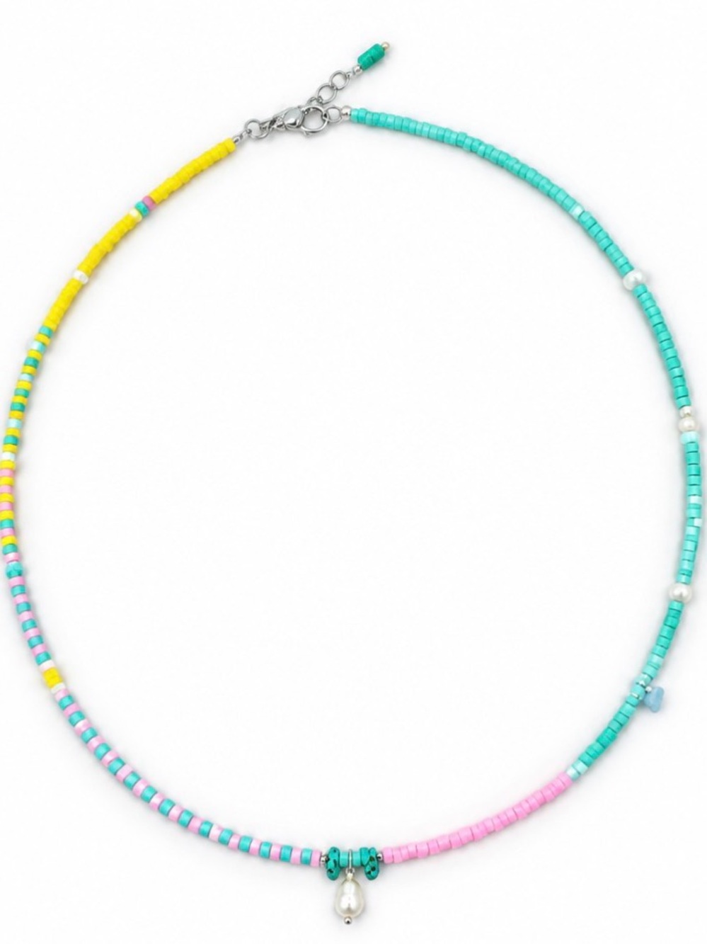 Multicolor Beaded Necklace with Pearl Drop - Turquoise Pink Yellow